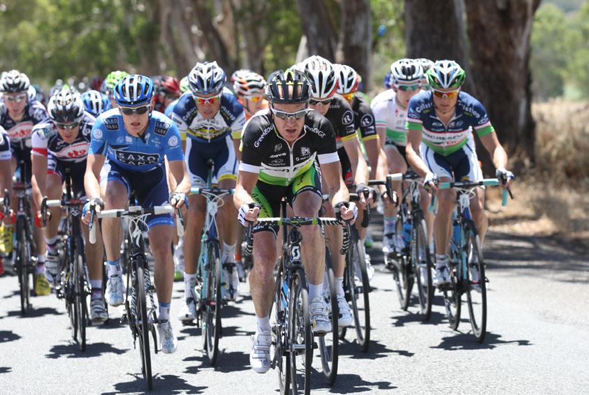 GreenEdge's Stuart O'Grady at the head of the peloton at the 2012 Tour Down Under